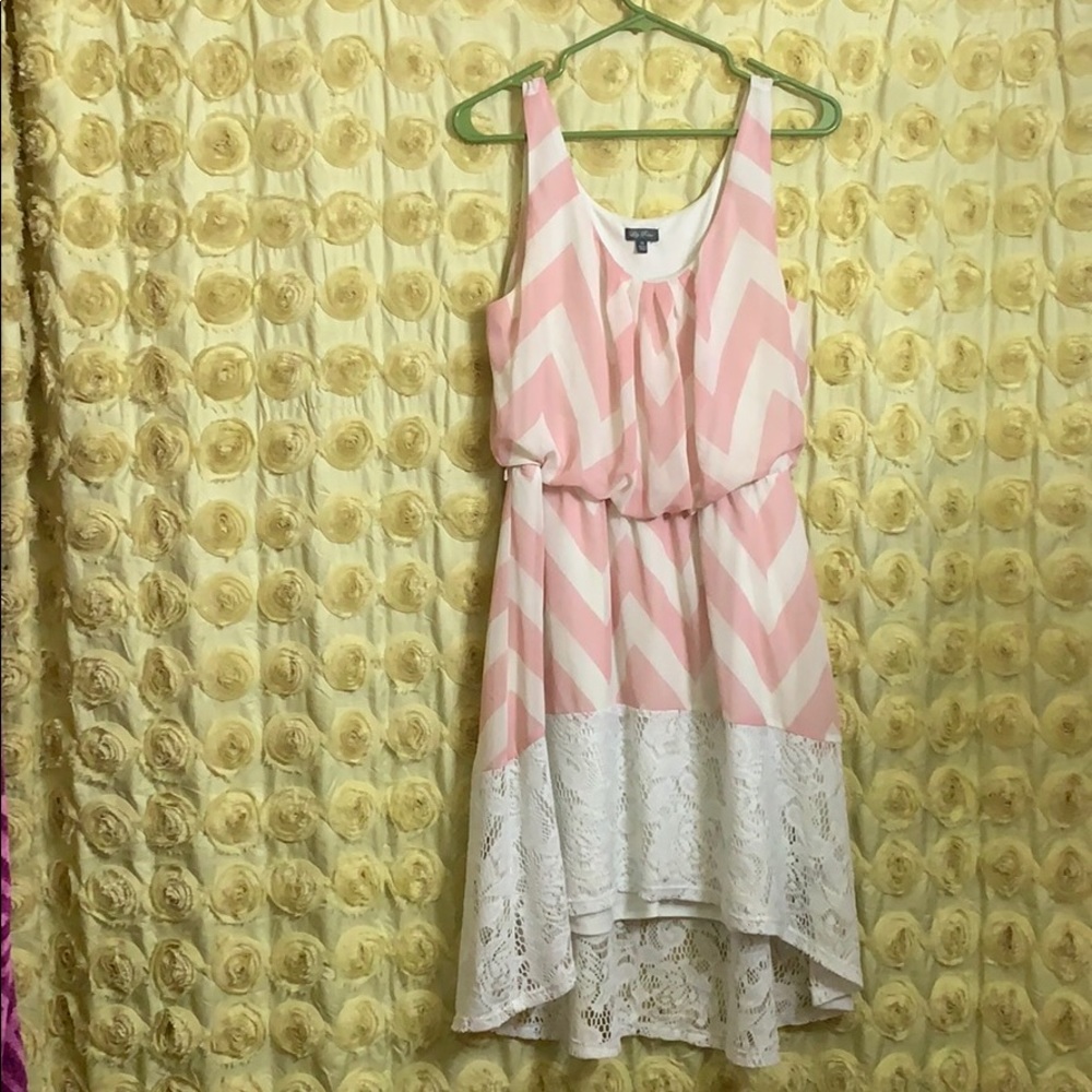 Pink and white chevron dress with lace bottom